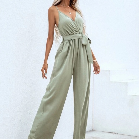 SHEIN Sage Surplice Front Belted Cami Jumpsuit